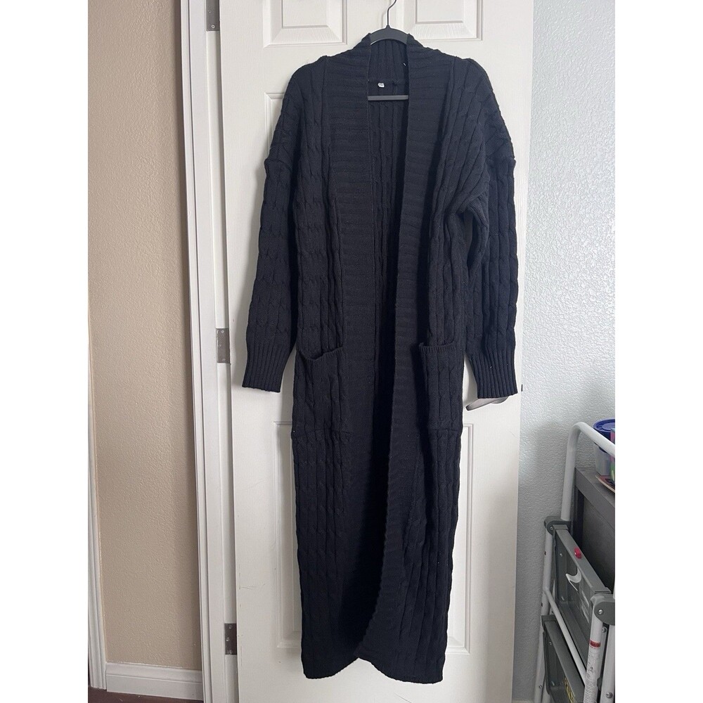 NEW Women’s Black Cable-Knit Open Front Long Duster Cardigan Sweater Pockets L